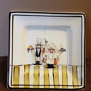 HD Designs Le Chef Square Luncheon / Salad Deep Dish Whimsical Chefs ~ 2 AVAIL